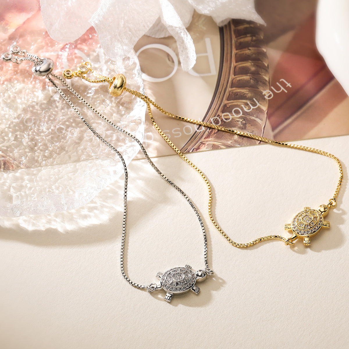 18K Gold Plated Copper Zircon Turtle Pendant Bracelet for Women, Unique Animal Jewelry Bracelet