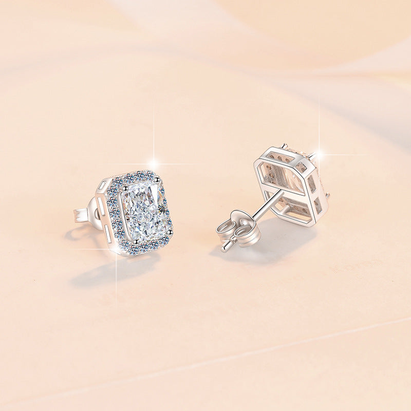 925 Sterling Silver Earrings for Women, Square Shape, Emerald Cut, Radiant Cut, Fashionable Encrusted, Pt950 Plated Earrings
