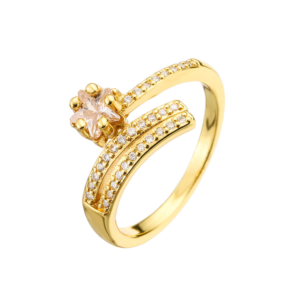 Unique Personality Irregular Geometric Open Ring for Women Real Gold Plated Zirconia Light Luxury Ring