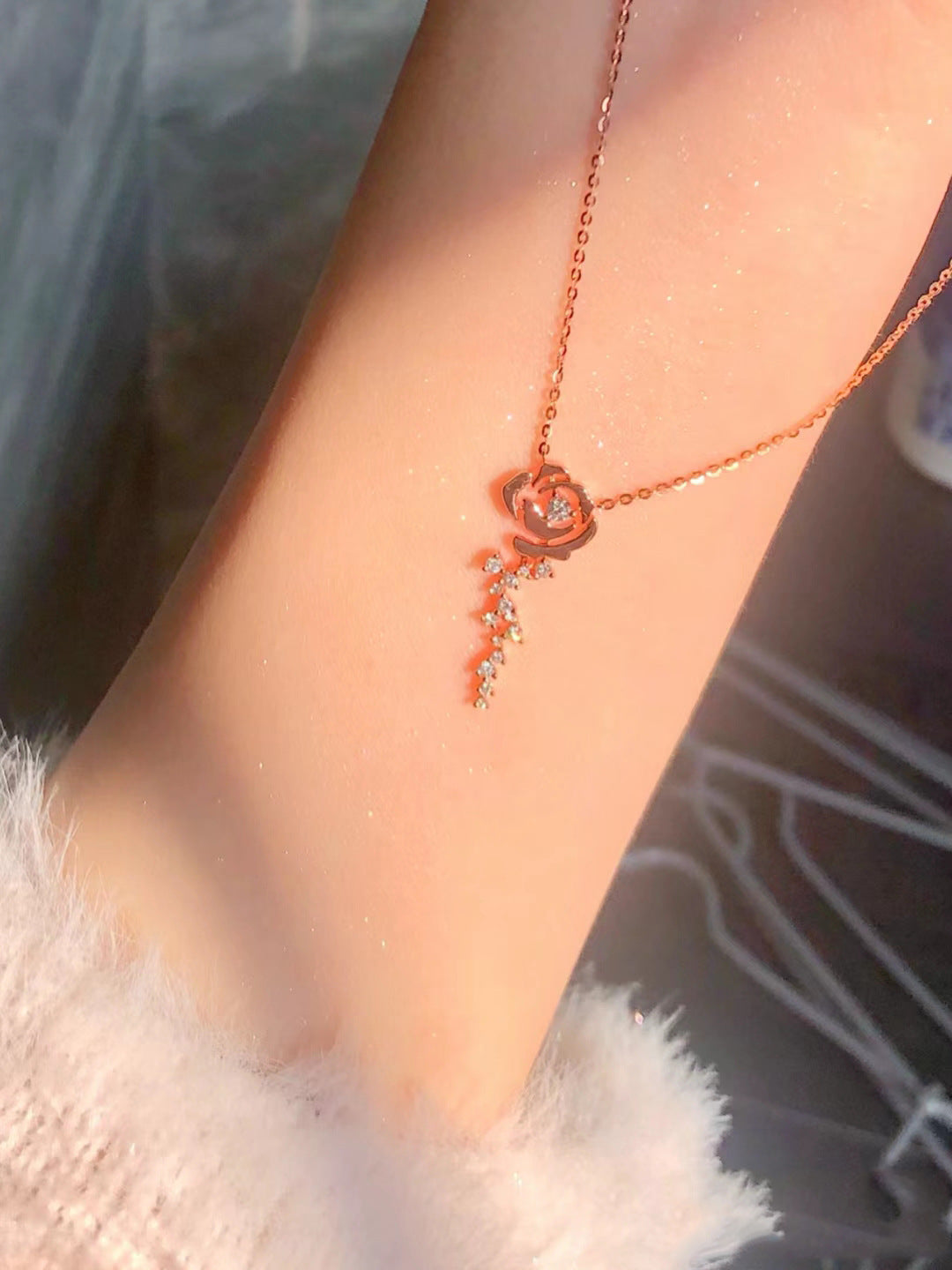 Rose Cloud Pink Diamond Rose Flower Necklace for Women