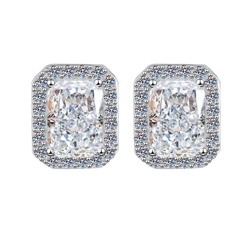 925 Sterling Silver Earrings for Women, Square Shape, Emerald Cut, Radiant Cut, Fashionable Encrusted, Pt950 Plated Earrings