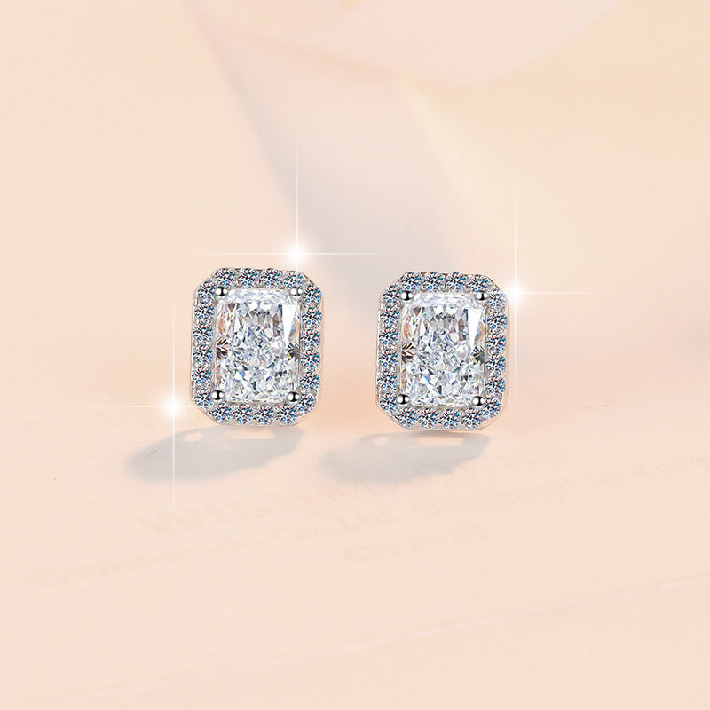 925 Sterling Silver Earrings for Women, Square Shape, Emerald Cut, Radiant Cut, Fashionable Encrusted, Pt950 Plated Earrings