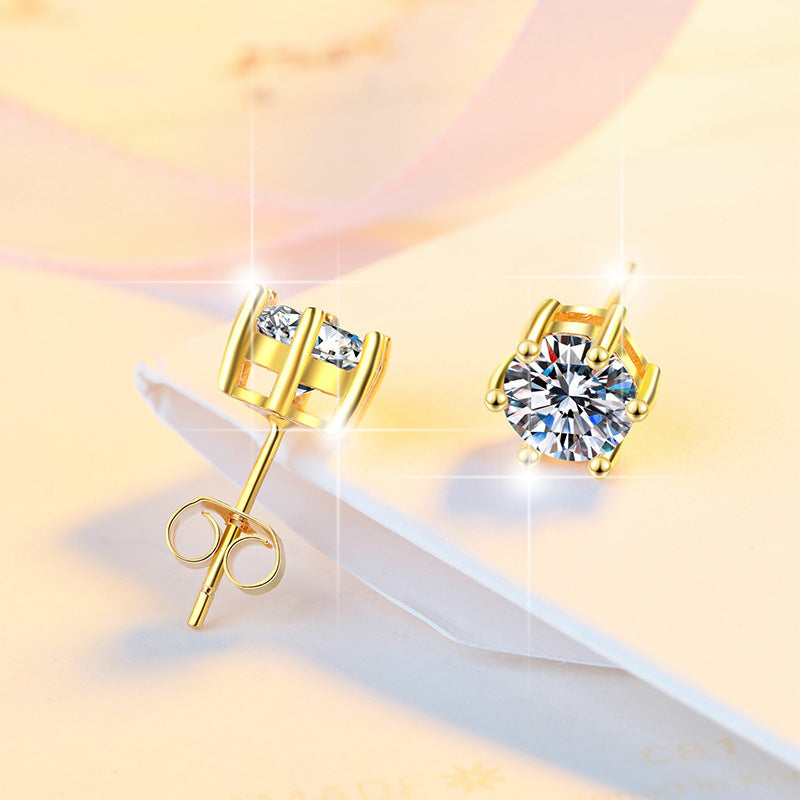 925 Sterling Silver Earrings for Women Simple Classic Six-Prong 18K Gold Plated Moissanite Jewelry