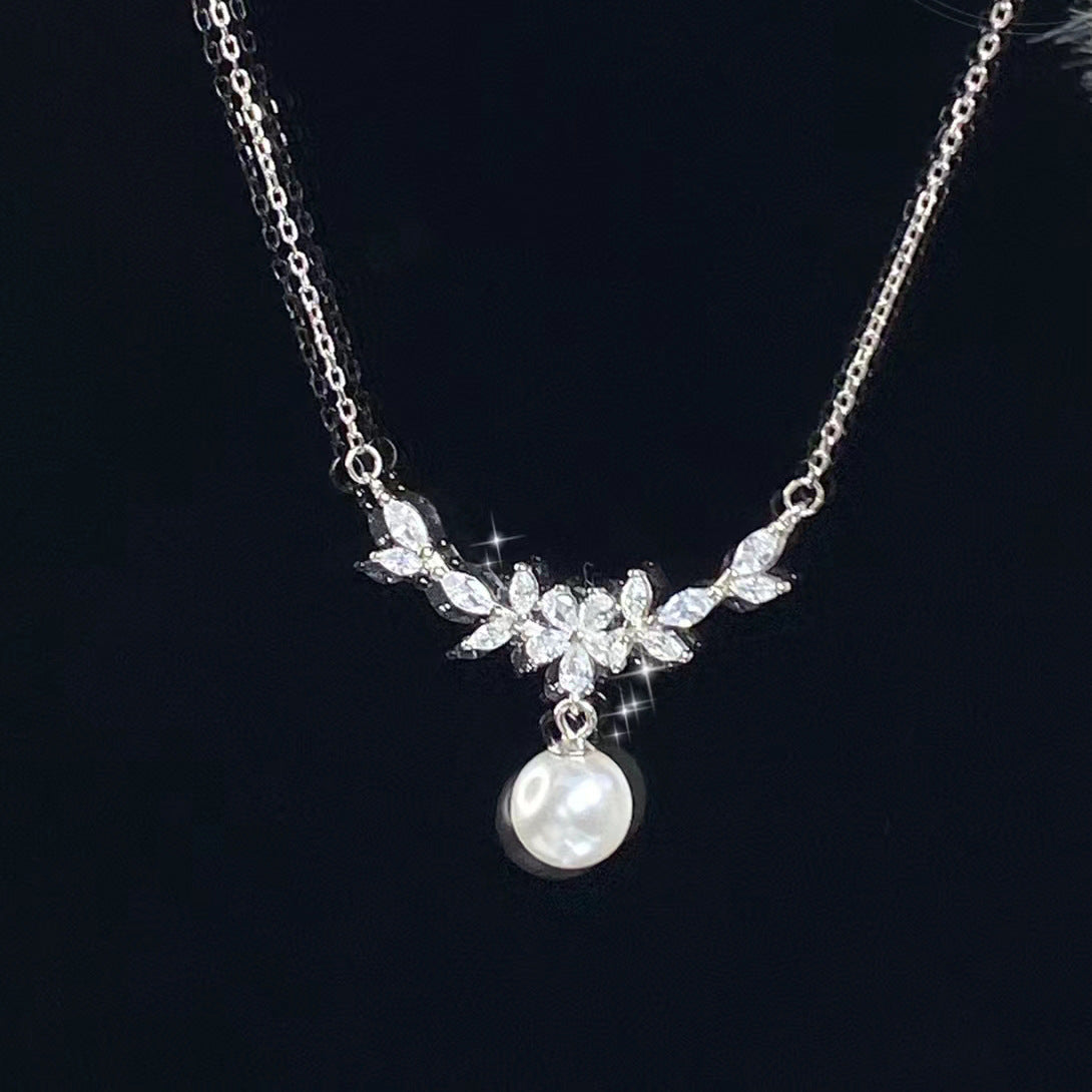 Zircon Flower Branch Pearl Necklace for Women