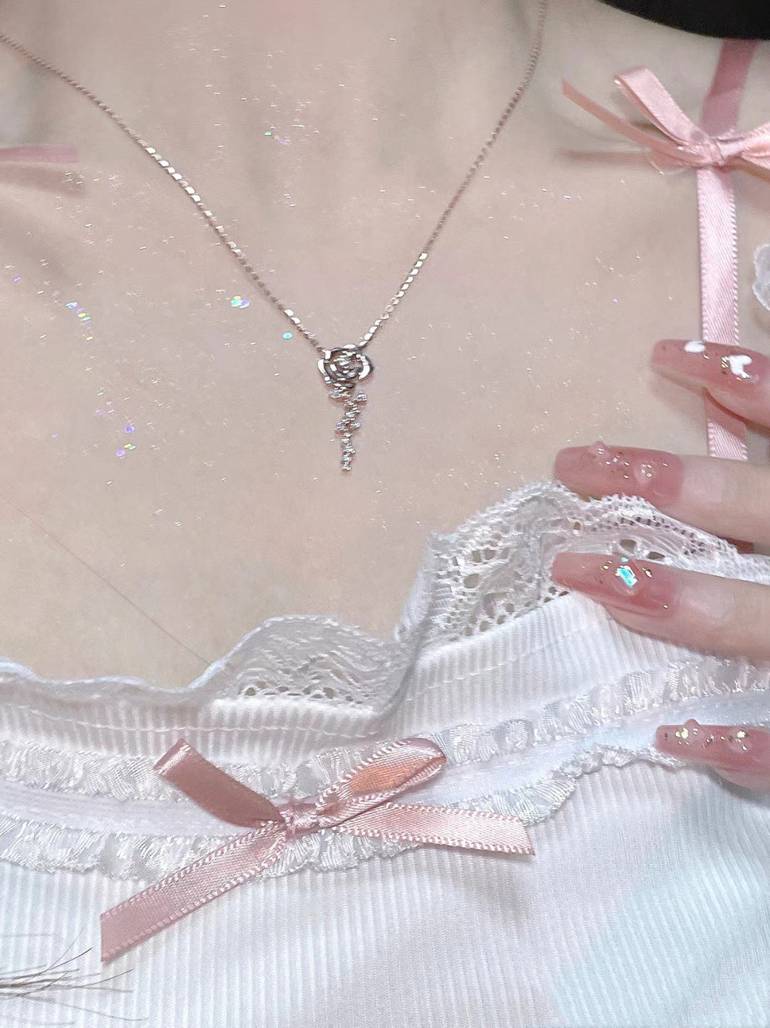 Rose Cloud Pink Diamond Rose Flower Necklace for Women