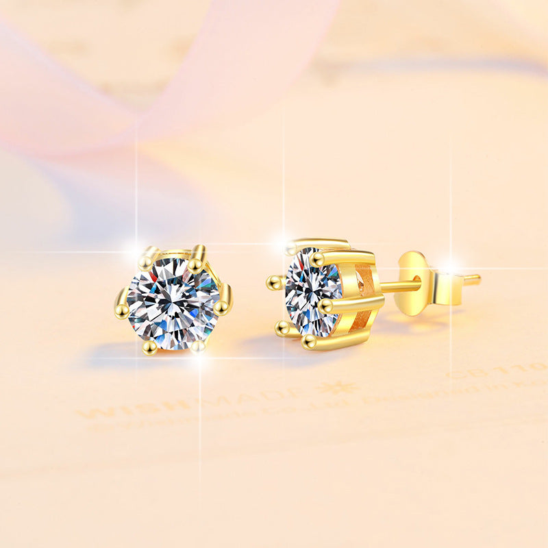 925 Sterling Silver Earrings for Women Simple Classic Six-Prong 18K Gold Plated Moissanite Jewelry