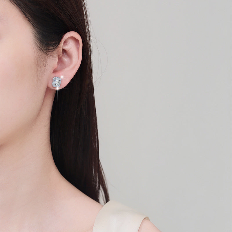 925 Sterling Silver Earrings for Women, Square Shape, Emerald Cut, Radiant Cut, Fashionable Encrusted, Pt950 Plated Earrings