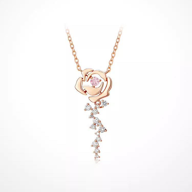 Rose Cloud Pink Diamond Rose Flower Necklace for Women