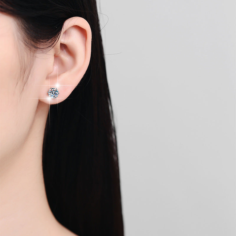 925 Sterling Silver Earrings for Women New Earrings Six-Prong Screw Pattern 1 Carat Moissanite Simulated Ear Jewelry