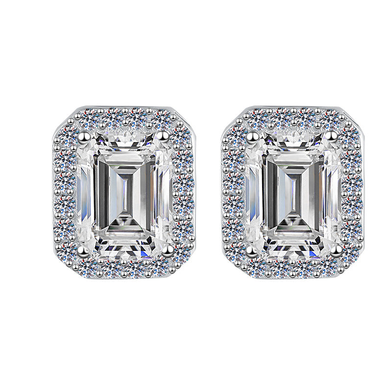 925 Sterling Silver Earrings for Women, Square Shape, Emerald Cut, Radiant Cut, Fashionable Encrusted, Pt950 Plated Earrings
