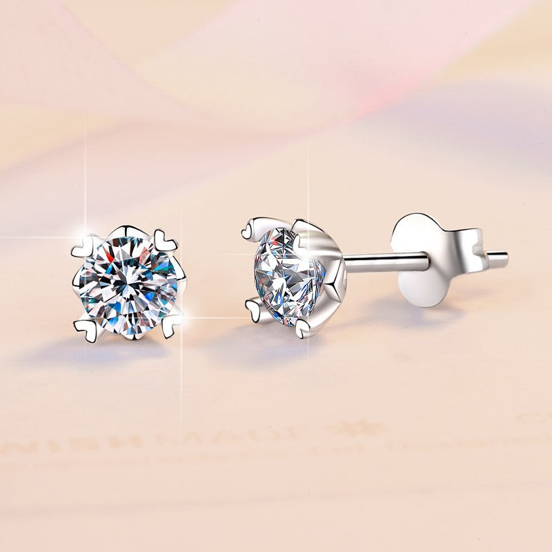 Snowflake Four-Claw S925 Sterling Silver Earrings for Women, Exquisite and Simple Personality, PT950 Plated Earrings with Moissanite