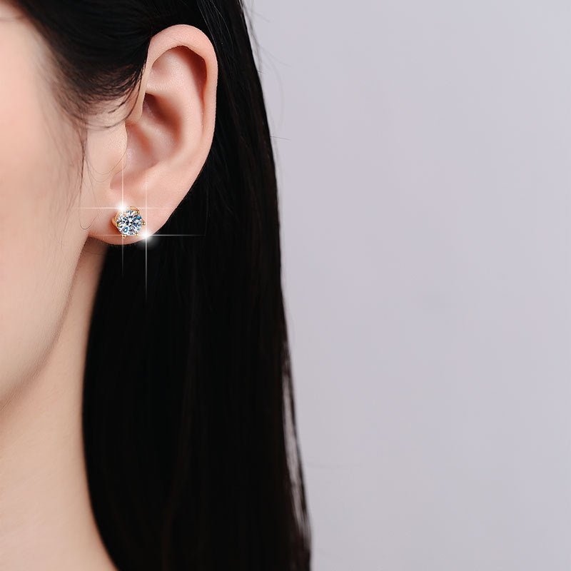 925 Sterling Silver Earrings for Women Simple Classic Six-Prong 18K Gold Plated Moissanite Jewelry