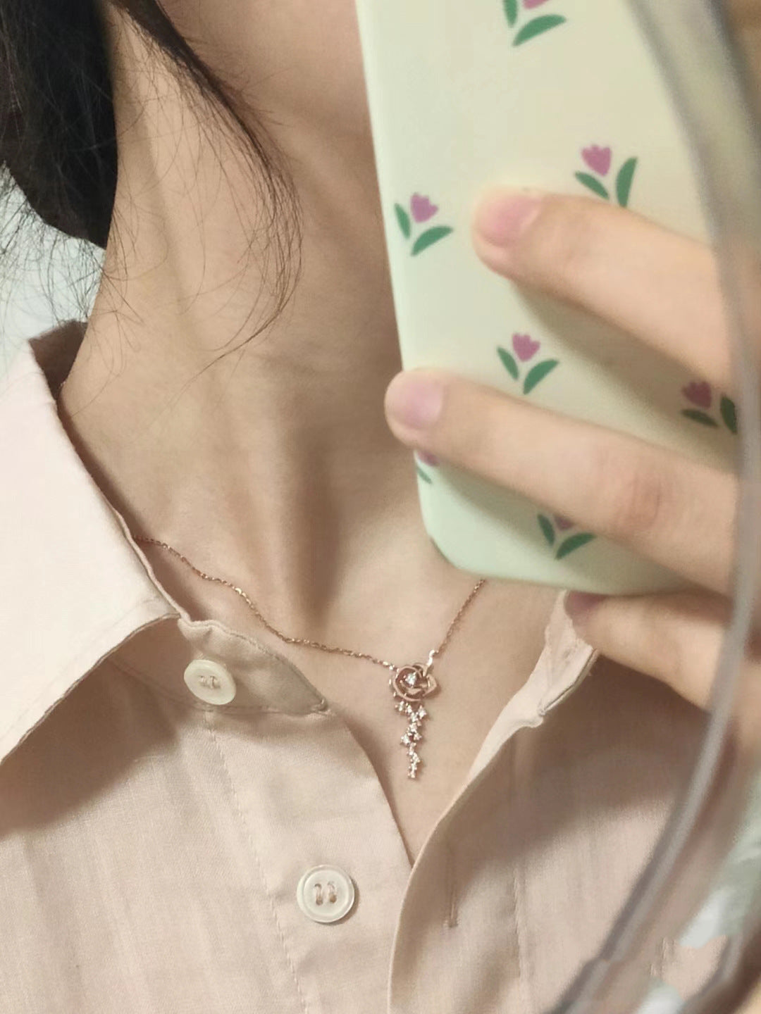 Rose Cloud Pink Diamond Rose Flower Necklace for Women