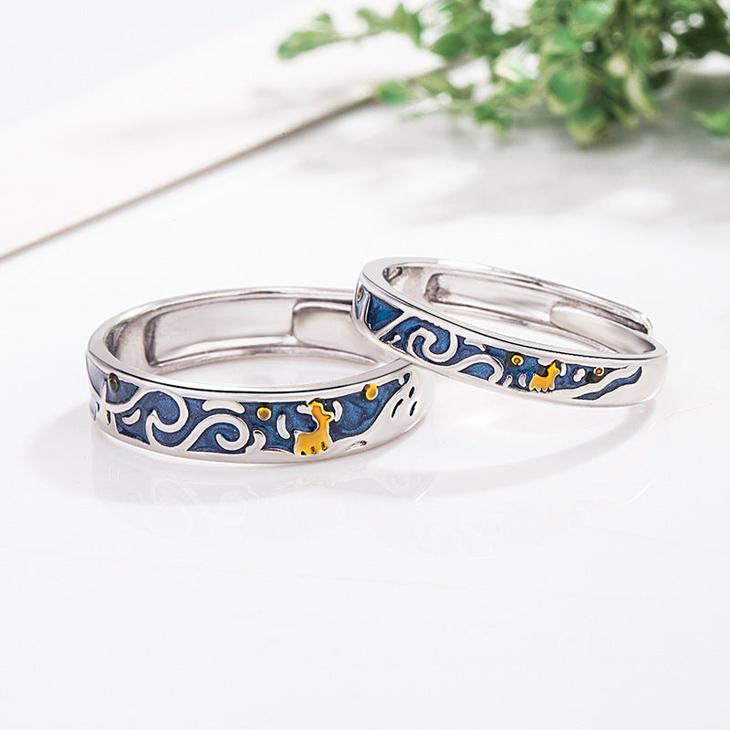 Starry Sky Reindeer Couple Rings for Men and Women