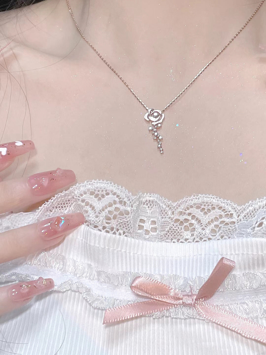 Rose Cloud Pink Diamond Rose Flower Necklace for Women