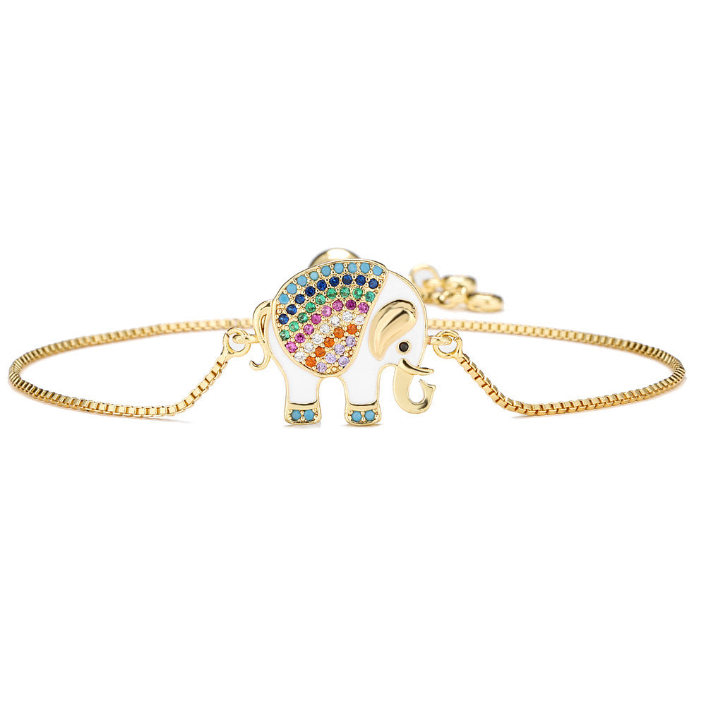 Oil-Drip Zircon Elephant Ornament Gold Bracelet Adjustable Pull Chain