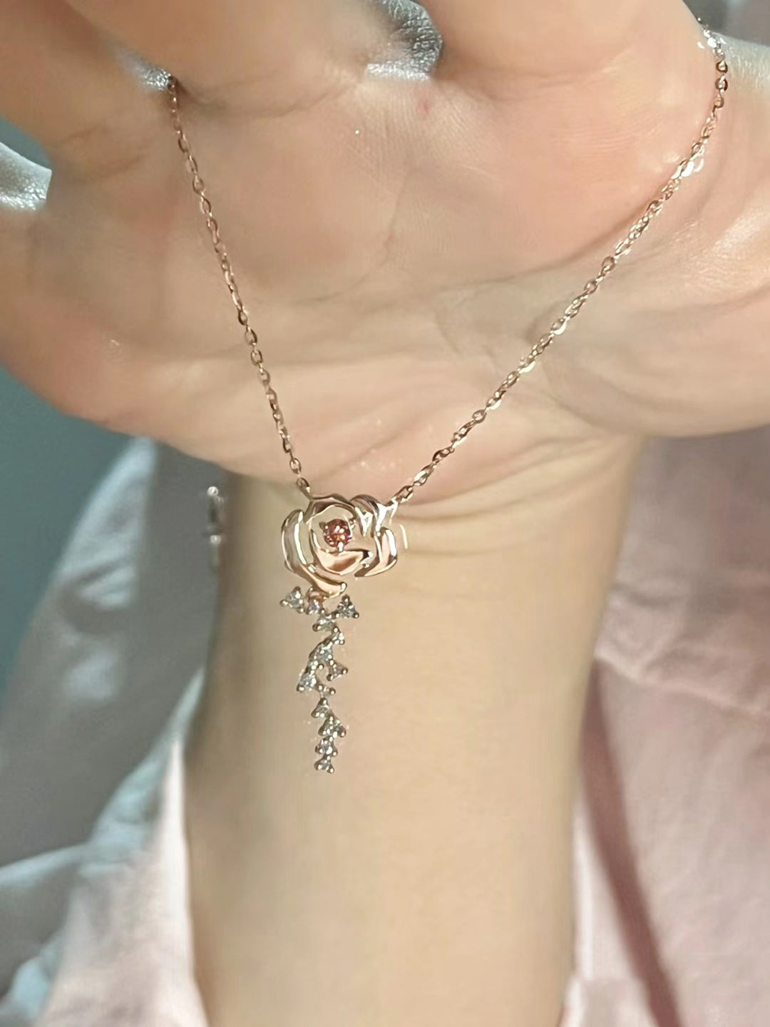 Rose Cloud Pink Diamond Rose Flower Necklace for Women
