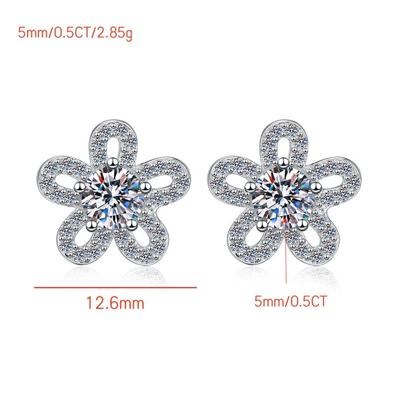 S925 Sterling Silver Earrings Floral Five-Leaf Clover Micro Pave Niche Design High-End Moissanite Women's Earrings