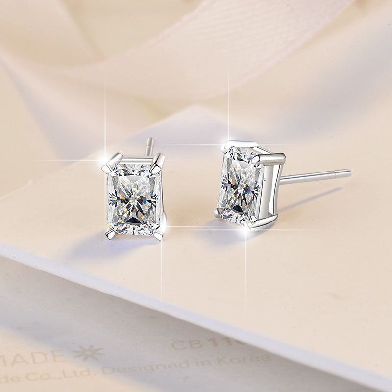 Moissanite Earrings Radiant Rectangular Stone Fashion Light Luxury Jewelry S925 Silver Stud Earrings