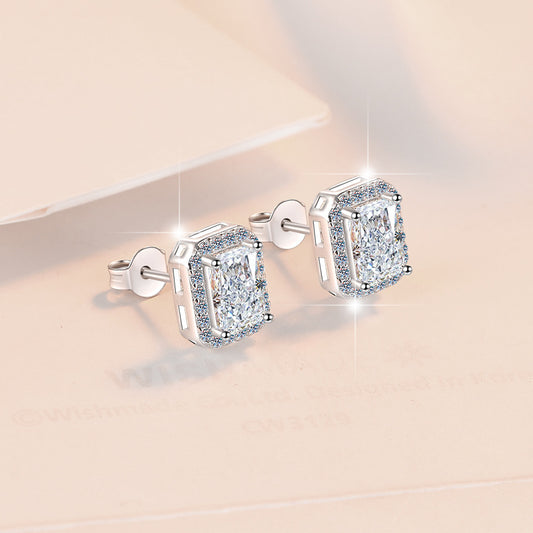 925 Sterling Silver Earrings for Women, Square Shape, Emerald Cut, Radiant Cut, Fashionable Encrusted, Pt950 Plated Earrings