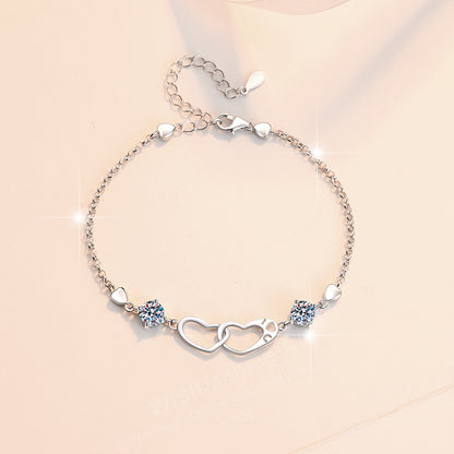 Korean Version Moissanite Bracelet for Women 1 Carat Heart-Shaped Double Ring Bracelet s925 Sterling Silver