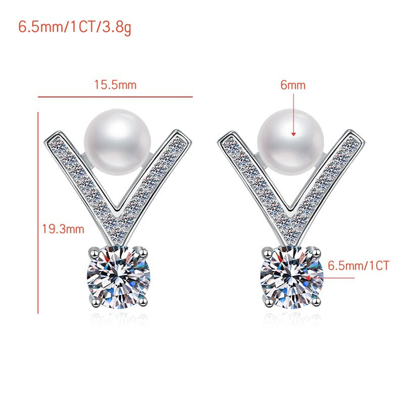 Sterling Silver Earrings V-Shaped Freshwater Pearl Earrings Inlaid with D Color Moissanite Elegant Light Luxury Women's Fashion Earrings