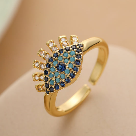 Trendy Copper Gold-Plated Zircon Devil's Eye Open Ring for Women, Niche Light Luxury Vintage Ring