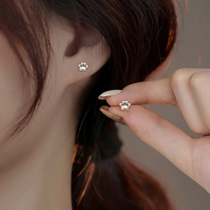 S925 Sterling Silver Needle Small Cat Paw Earrings for Women