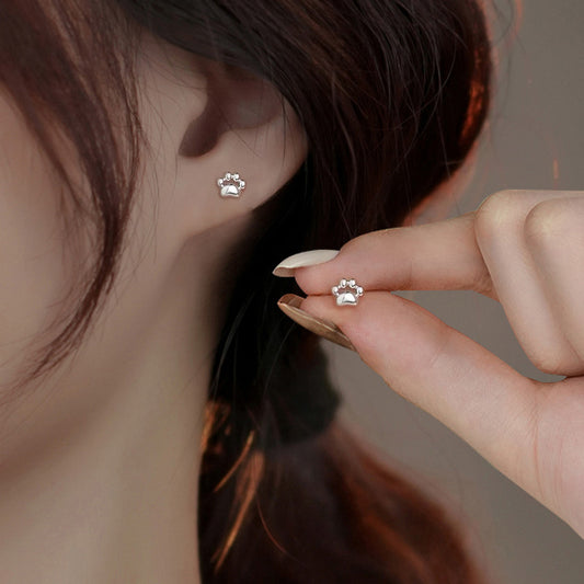 S925 Sterling Silver Needle Small Cat Paw Earrings for Women