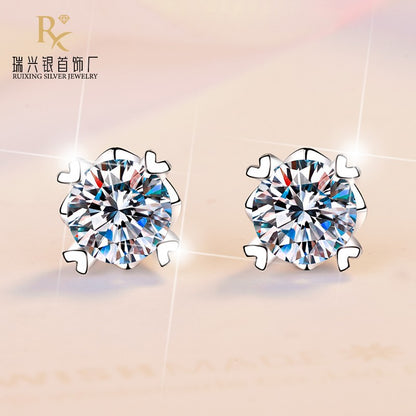 Snowflake Four-Claw S925 Sterling Silver Earrings for Women, Exquisite and Simple Personality, PT950 Plated Earrings with Moissanite