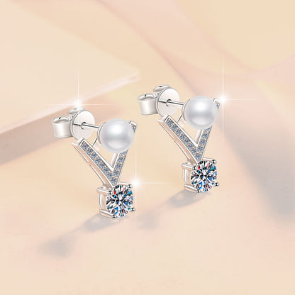 Sterling Silver Earrings V-Shaped Freshwater Pearl Earrings Inlaid with D Color Moissanite Elegant Light Luxury Women's Fashion Earrings