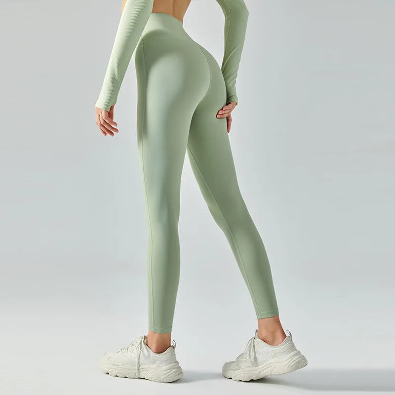 Women's High Waist Yoga Leggings - Double-sided Brushed Booty Lifting Fitness Pants for Running & Sports Green Brown White