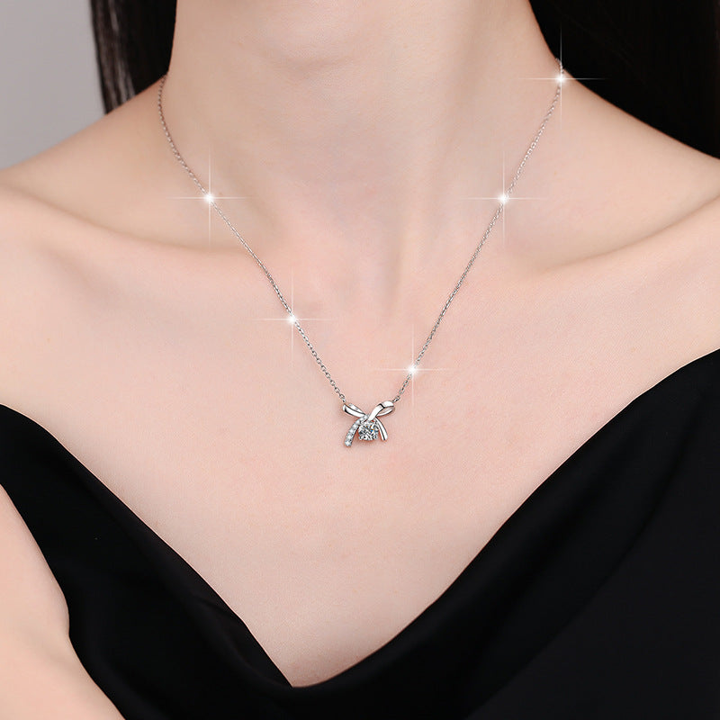 S925 Sterling Silver Necklace for Women with Bowknot Chain, High-end Fashion Jewelry Manufacturer, Moissanite Pendant Wholesale Cross-border