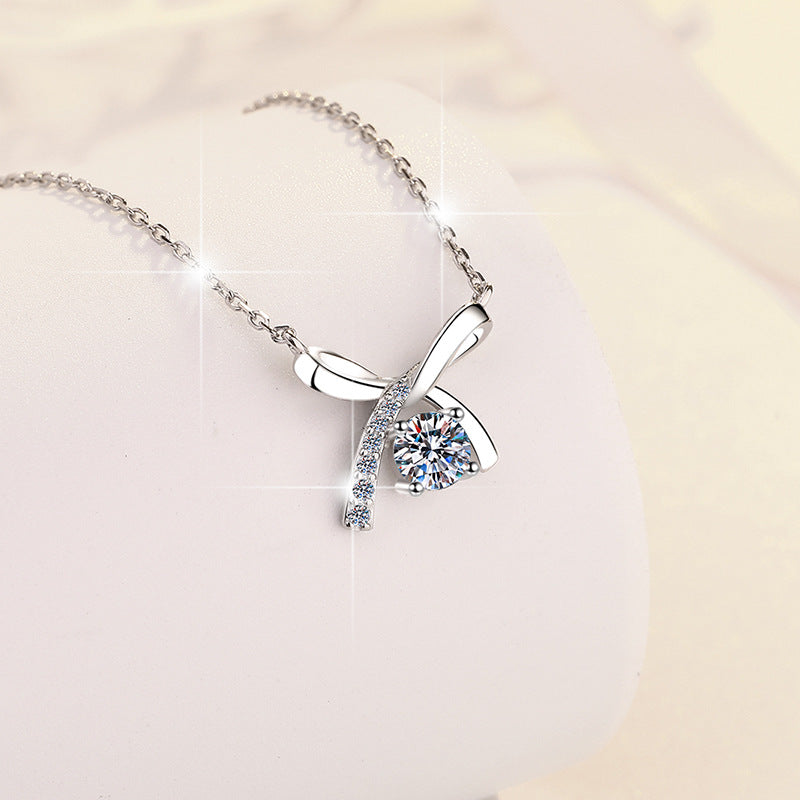 S925 Sterling Silver Necklace for Women with Bowknot Chain, High-end Fashion Jewelry Manufacturer, Moissanite Pendant Wholesale Cross-border