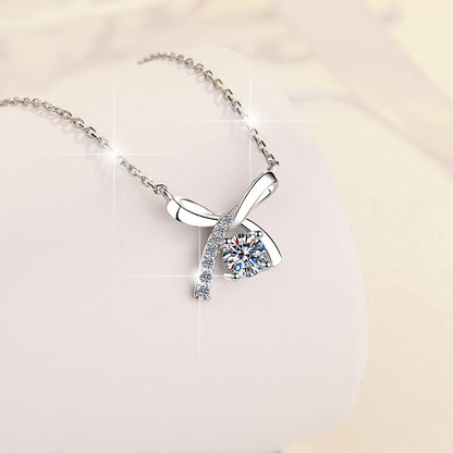 S925 Sterling Silver Necklace for Women with Bowknot Chain, High-end Fashion Jewelry Manufacturer, Moissanite Pendant Wholesale Cross-border