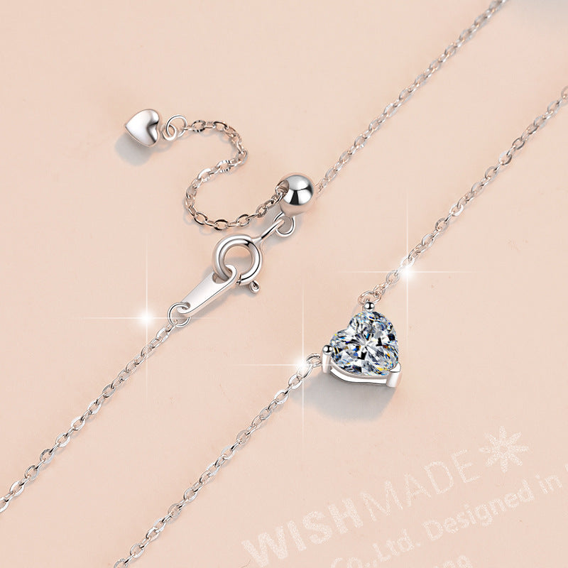 Sterling Silver Women's Necklace Heart-shaped Moissanite 1CT Carat Pendant Fashion Korean