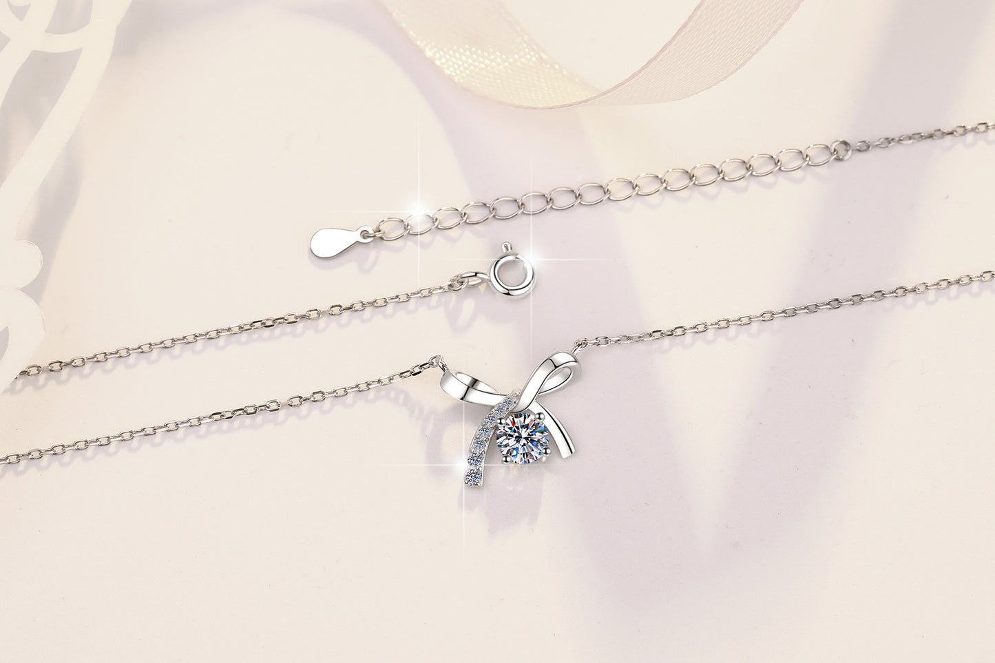 S925 Sterling Silver Necklace for Women with Bowknot Chain, High-end Fashion Jewelry Manufacturer, Moissanite Pendant Wholesale Cross-border