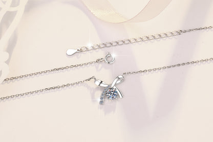 S925 Sterling Silver Necklace for Women with Bowknot Chain, High-end Fashion Jewelry Manufacturer, Moissanite Pendant Wholesale Cross-border