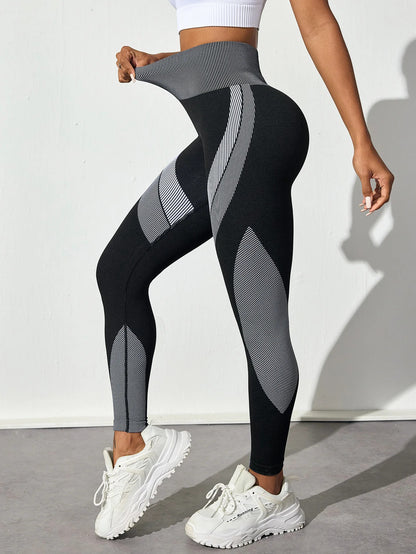 New High Waisted Yoga Pants for Women, Seamless Tummy Control Leggings, Side Stripes Sports Fitness Tights, Butt Lifting Workout