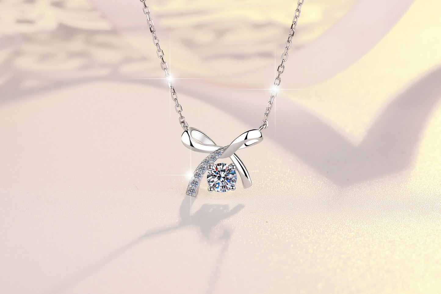 S925 Sterling Silver Necklace for Women with Bowknot Chain, High-end Fashion Jewelry Manufacturer, Moissanite Pendant Wholesale Cross-border