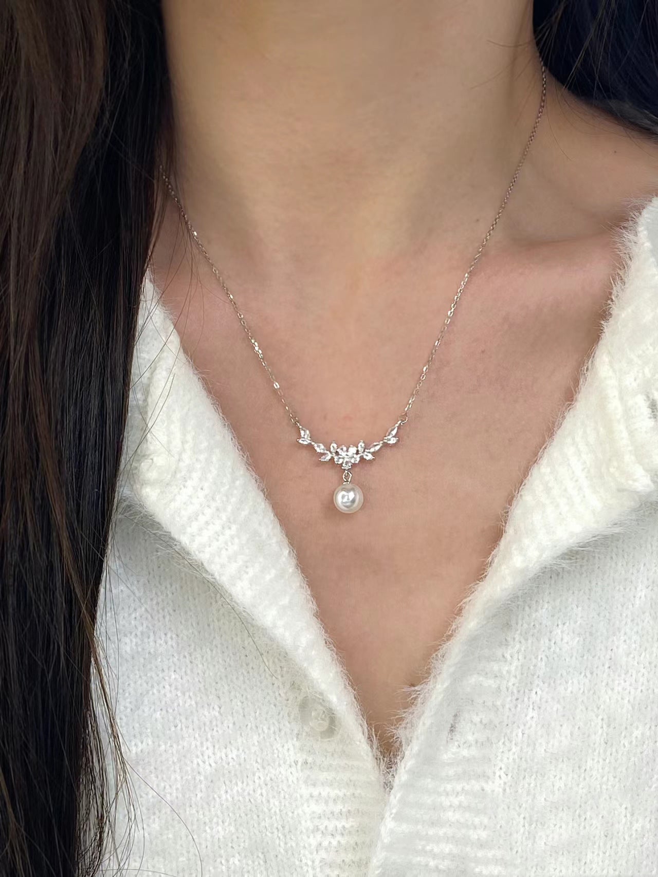Zircon Flower Branch Pearl Necklace for Women
