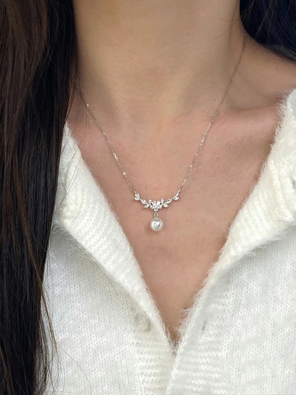 Zircon Flower Branch Pearl Necklace for Women