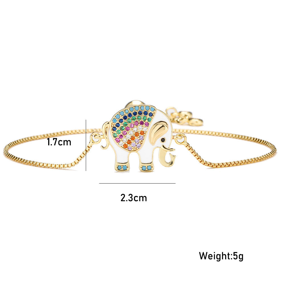 Oil-Drip Zircon Elephant Ornament Gold Bracelet Adjustable Pull Chain