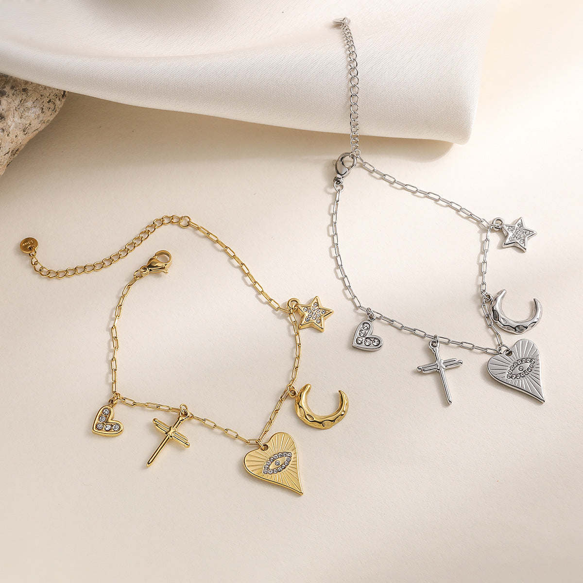 Vintage 18K Gold Plated Devil's Eye Pendant Bracelet for Women, Unique Stainless Steel Jewelry