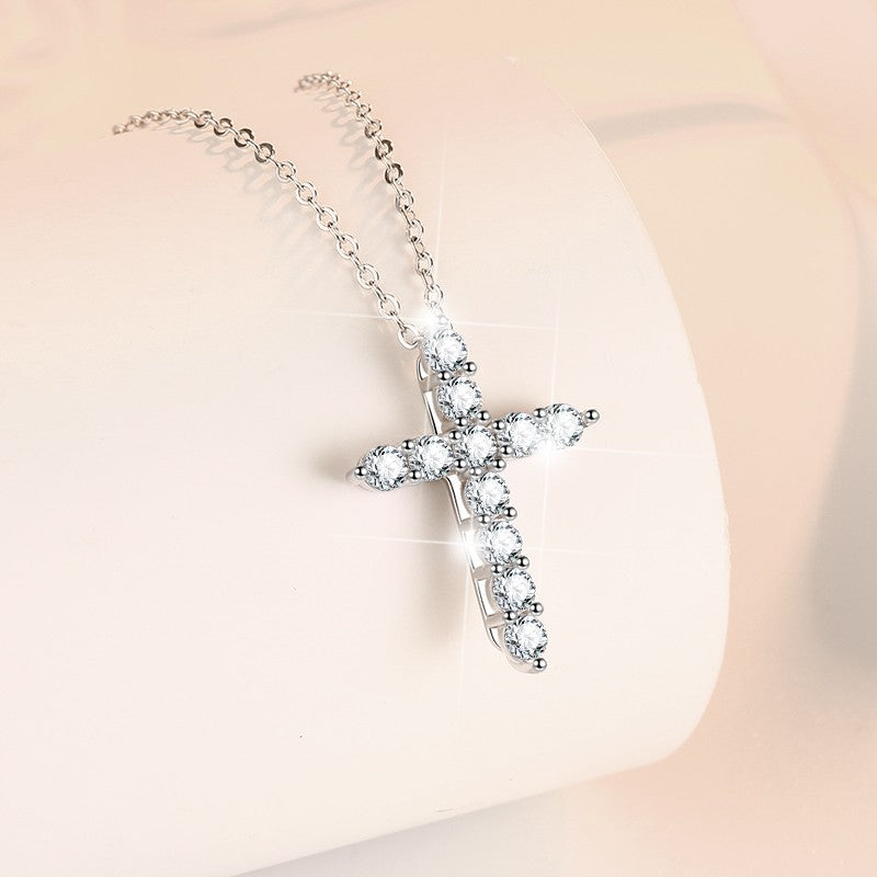 S925 Sterling Silver Women's Necklace Vintage Moissanite Pendant Guardian Peace Cross Clavicle Chain
