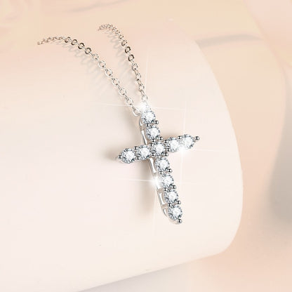 S925 Sterling Silver Women's Necklace Vintage Moissanite Pendant Guardian Peace Cross Clavicle Chain