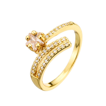 Unique Personality Irregular Geometric Open Ring for Women Real Gold Plated Zirconia Light Luxury Ring