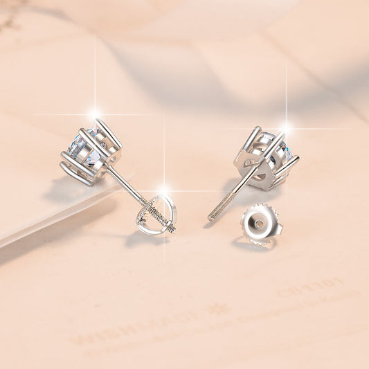 925 Sterling Silver Earrings for Women New Earrings Six-Prong Screw Pattern 1 Carat Moissanite Simulated Ear Jewelry
