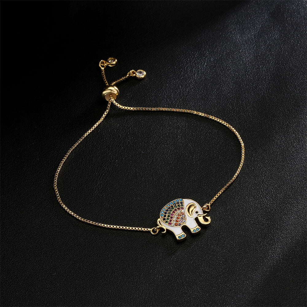 Oil-Drip Zircon Elephant Ornament Gold Bracelet Adjustable Pull Chain