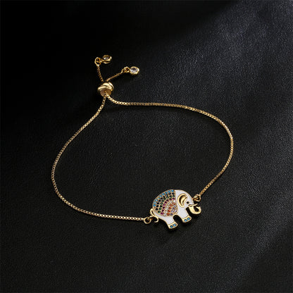 Oil-Drip Zircon Elephant Ornament Gold Bracelet Adjustable Pull Chain